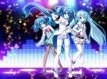  ahoge aqua_eyes aqua_hair bare_shoulders blue_eyes blue_hair bow detached_sleeves flower hair_bow hair_flower hair_ornament hair_ribbon hatsune_miku highres long_hair looking_at_viewer mikeou multiple_girls multiple_persona open_mouth project_diva_(series) project_diva_2nd ribbon shoes skirt smile sparkle thighhighs twintails very_long_hair vocaloid white_legwear zettai_ryouiki 