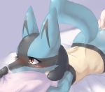  2018 ambiguous/ambiguous ambiguous_gender anthro bed blue_fur blush butt canid canine digital_media_(artwork) duo edit fingering fur human human_on_anthro interspecies kemosara lucario lying mammal nintendo nude on_bed on_front pok&eacute;mon pok&eacute;mon_(species) pok&eacute;philia raised_tail red_eyes solo_focus video_games 