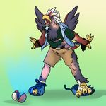  avian beak bird braviary claws clothing eagle feathers gloves male nintendo pok&#233;ball pok&#233;mon pok&eacute;mon pokeballs shirt shoes shorts socks talons torn_clothing trainer transformation vest video_games wargle wings 