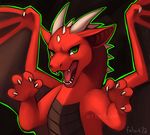  bust claws cute dragon falvie fangs green_eyes hairless horn looking_at_viewer male open_mouth pose rawr red_body scalie solo teeth wings 