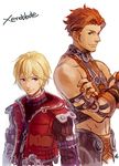  bad_id bad_pixiv_id blonde_hair blue_eyes brown_hair iwamoto_zerogo midriff multiple_boys rein_(xenoblade) shulk vest xenoblade_(series) xenoblade_1 