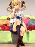  blonde_hair food fujino_sato koujiro_frau pocky robotics;notes school_uniform serafuku skirt socks solo twintails yellow_eyes 