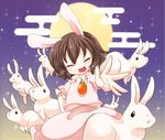 animal_ears brown_hair bunny bunny_ears carrot closed_eyes dress egasumi inaba_tewi moon open_mouth outstretched_arm s-s_(ss) short_hair smile solo too_many too_many_bunnies touhou 