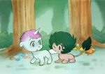  80s biting flower forest green_eyes green_hair horn jobn looking_back mushroom nature oldschool open_mouth pink_hair pyro_(unico) saving_our_fragile_earth sphinx tail tail_biting tree unico unico_(character) unicorn wink 