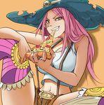  1girl blue_eyes eating food hako_(daibanchou) hat jewelry_bonney long_hair looking_at_viewer navel one_piece patterned_legwear pink_hair pizza sitting solo spread_legs suspenders thighhighs 