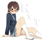  blazer bottom_touching_surface brown_eyes brown_hair glasses jacket k-on! legs manabe_nodoka red-framed_eyewear revision sakuragaoka_high_school_uniform school_uniform semi-rimless_eyewear shoes short_hair smile socks solo umekichi under-rim_eyewear uwabaki white_legwear 