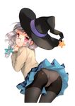  absurdres arched_back ass black_legwear braid cuteg flower from_behind glasses grey_hair hair_flower hair_ornament hair_over_shoulder hands_clasped hat highres kono_naka_ni_hitori_imouto_ga_iru! looking_back official_art open_mouth own_hands_together panties panties_under_pantyhose pantyhose pleated_skirt purple_eyes sagara_mei scan skirt solo thighhighs underwear upskirt white_legwear white_panties witch_hat 