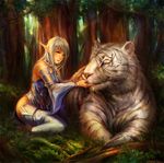  blue_eyes elf elf_(lineage_2) forest grass green_eyes lineage lineage_2 long_hair nature original pointy_ears thighhighs tida_kietsungden tiger tree white_hair white_tiger 