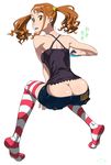  anjou_naruko ano_hi_mita_hana_no_namae_wo_bokutachi_wa_mada_shiranai. ass brown_eyes brown_hair butt_crack denim denim_shorts earrings from_behind highres jewelry looking_back mooning revision short_shorts shorts simple_background solo striped striped_legwear suna thighhighs twintails 