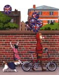  balloon bicycle blue_eyes brick_wall bubble_blowing chewing_gum cloak dog england fur_trim gloves graffiti ground_vehicle hat highres hood hoodie katou_akatsuki long_hair orange_hair original pantyhose running_bond scan shorts solo striped striped_legwear top_hat union_jack 