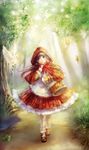  basket big_bad_wolf_(grimm) bird blue_eyes brown_hair forest frog grimm's_fairy_tales hair_bobbles hair_ornament highres hood little_red_riding_hood little_red_riding_hood_(grimm) long_hair mary_janes nature orry owl shoes skirt twintails wolf 