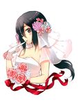  absurdres bare_shoulders black_eyes black_hair bouquet breasts cleavage cuteg dress finger_to_mouth flower gloves hair_flower hair_ornament highres kono_naka_ni_hitori_imouto_ga_iru! light_smile lips long_hair medium_breasts mizutani_ikusu official_art scan solo upper_body veil wedding_dress white_dress white_gloves 