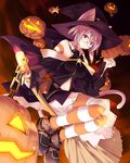  animal_ears belt broom cat_ears cat_tail chain detached_sleeves ears_through_headwear glasses hat jack-o'-lantern kemonomimi_mode original purple_hair red_eyes satomi shoes solo star striped striped_legwear tail thighhighs witch witch_hat 