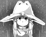  animal animal_on_head face frog greyscale hat looking_up monochrome moriya_suwako on_head pyonta rain solo space_jin touhou 