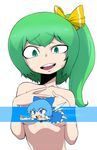  bar_censor blue_eyes blue_hair bow breasts censored character_censor cirno daiyousei face green_eyes green_hair hair_bow long_hair multiple_girls novelty_censor nude open_mouth short_hair simple_background small_breasts space_jin sweat touhou upper_body white_background wings 