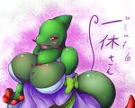  anthro big_breasts breasts clothing day-t dragon female fraxure huge_breasts japanese_text pok&eacute;mon pok&eacute;morph red_eyes solo translation_request 