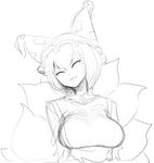  bad_id bad_pixiv_id breasts closed_eyes face fox_tail greyscale large_breasts monochrome multiple_tails short_hair simple_background smile solo space_jin tail touhou white_background yakumo_ran 