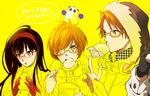  2girls \m/ amagi_yukiko chopsticks eating food glasses gloves hairband hanamura_yousuke headphones jacket kuma_(persona_4) kunai multiple_girls nakahara_(mu_tation) persona persona_4 persona_4_the_golden satonaka_chie snowman weapon 