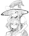  alice_margatroid blush face greyscale hat highres kirisame_marisa monochrome multiple_girls short_hair simple_background sketch smile space_jin sweat touhou white_background witch_hat 