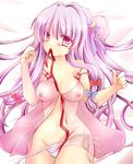  bare_shoulders bed_sheet bow breasts covered_nipples crescent crescent_hair_ornament groin hair_bow hair_ornament hat hat_removed headwear_removed lingerie long_hair looking_at_viewer lying medium_breasts mouth_hold negligee on_back panties panty_pull patchouli_knowledge purple_eyes purple_hair renkon_(syokpan) see-through side-tie_panties solo strap_slip striped striped_panties touhou underwear underwear_only untied untied_panties very_long_hair 