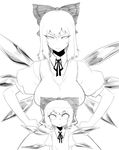  bow breasts cirno dual_persona flat_chest greyscale hair_bow hands_on_hips height_difference ice ice_wings large_breasts monochrome multiple_girls older short_hair simple_background space_jin time_paradox touhou white_background wings 