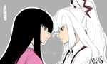  bad_id bad_pixiv_id black_hair confrontation eye_contact fujiwara_no_mokou houraisan_kaguya lightning_glare long_hair looking_at_another multiple_girls simple_background space_jin touhou very_long_hair white_hair 