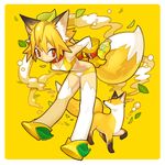  animal_ears blonde_hair bottle c.c._lemon c.c._lemon_(character) fox fox_ears fox_tail haruo_(clownberry) highres simple_background smile solo tail yellow yellow_background 