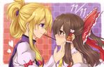  ascot bad_id bad_pixiv_id blonde_hair blush bow brown_hair detached_sleeves food hair_bow hair_half_undone hair_tubes hakurei_reimu heart long_hair multiple_girls musouzuki no_hat no_headwear pocky pocky_day pocky_kiss purple_eyes shared_food sidelocks touhou upper_body yakumo_yukari yuri 