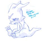  anime blue blue_and_white dark_clefita digimon line_art plain_background sad solo spanish_text text translated veemon 