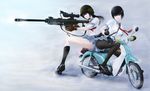  anti-materiel_rifle barrett_m82 bitter_sweet_(bs6968) black_hair gloves ground_vehicle gun helmet highres kneehighs motor_vehicle motorcycle multiple_girls original pantyhose rifle school_uniform sniper_rifle weapon 