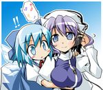  blue_eyes blue_hair breasts cirno hat headphones hug large_breasts letty_whiterock lowres multiple_girls music nino_(ninouchi_irazu) ribbon short_hair touhou wings 