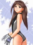  ass brazen breasts brown_eyes brown_hair gloves long_hair looking_back one-piece_swimsuit open_mouth original small_breasts solo swimsuit 