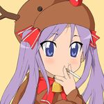  animal_costume bell bell_collar blue_eyes blush bow christmas cigarette collar hentai_(1985) hiiragi_kagami looking_at_viewer lowres lucky_star purple_hair red_bow red_neckwear red_ribbon reindeer_costume ribbon solo twintails upper_body 