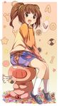  bad_id bad_pixiv_id blood brown_eyes brown_hair buriki candy checkerboard_cookie cookie food idolmaster idolmaster_(classic) idolmaster_1 nosebleed open_mouth pencil_skirt pig plaid raglan_sleeves short_hair sitting skirt solo takatsuki_yayoi twintails 