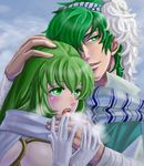  1girl aozora_kyuuji blush breath cloud fire_emblem fire_emblem:_seisen_no_keifu fury_(fire_emblem) gloves green_eyes green_hair holding_hands hug levin_(fire_emblem) long_hair lowres pegasus_knight scarf 