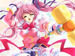  artist_request blue_eyes bow closed_eyes elbow_gloves gloves hair_ribbon hammer hayasaka_hiyori magical_girl mizuiro open_mouth pink_hair ribbon solo thighhighs twintails 
