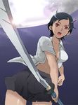  black_hair blood+ dutch_angle lowres midriff moon nekota_(artist) open_clothes open_shirt red_eyes shirt short_hair skirt solo sword weapon 