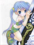  bandages bandeau bare_shoulders blue_eyes blue_hair chibi gretel_(otogi-jushi_akazukin) long_hair midriff navel otogi-juushi_akazukin pop scan shorts simple_background sleeveless socks solo strapless sword tubetop twintails weapon 