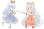  :d as chibi eye_contact fujiwara_no_mokou holding holding_hands kamishirasawa_keine long_hair long_sleeves looking_at_another multiple_girls ofuda open_mouth pants red_eyes shoes simple_background smile suspenders touhou very_long_hair walking white_background 