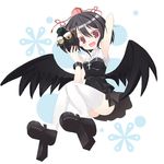  black_hair black_wings blush geta hat looking_at_viewer mask omiso_(omiso) open_mouth red_eyes shameimaru_aya short_hair skirt smile socks solo tengu-geta thighhighs tokin_hat touhou wings 