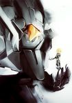  armor bad_id bad_pixiv_id blonde_hair full_body graham_aker gundam gundam_00 machinery male_focus mecha simple_background size_difference teddy_(artist) union_flag white_background 