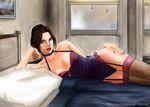  asia_airport bare_shoulders bed bed_sheet black_hair breasts brown_hair cleavage collarbone cynthia_velazquez garters green_eyes halter_top halterneck hand_on_hip large_breasts leotard looking_at_viewer on_bed one-piece_swimsuit pillow short_hair silent_hill silent_hill_4 solo swimsuit thighhighs window 