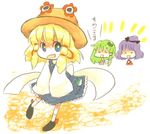  3girls :d as blue_dress blush chibi dress extra_eyes frog_hair_ornament full_body green_eyes hair_ornament hat kochiya_sanae long_hair looking_at_viewer moriya_suwako multiple_girls open_mouth purple_hair short_hair sidelocks smile standing touhou yasaka_kanako 