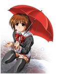  artist_request brown_eyes brown_hair rain school_uniform solo thighhighs umbrella white_setsunasa_no_kakera 