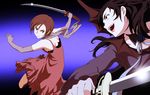  battle black_hair blood+ blue_eyes brown_eyes brown_hair diva_(blood+) dress duel elbow_gloves fangs gloves highres katana multiple_girls otonashi_saya scarf sword vampire vector_trace wallpaper weapon 