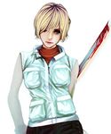  blonde_hair blood heather_mason highres lipstick makeup masamune-99 short_hair silent_hill silent_hill_3 solo sword vest weapon 