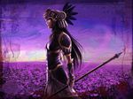  armor armored_dress artist_request black_armor black_hair brown_eyes dress feathers helmet highres hrist_valkyrie long_hair purple_background solo staff valkyrie_profile wallpaper 