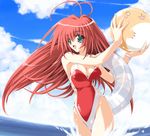  ball beachball breasts casual_one-piece_swimsuit cleavage copyright_request green_eyes innertube large_breasts long_hair mitsuki_mantarou one-piece_swimsuit red_hair solo swimsuit water 