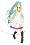  ^_^ ahoge aqua_hair black_legwear boots brown_footwear cable closed_eyes collarbone dress full_body hands_on_headphones hatsune_miku headphones knee_boots kneehighs long_hair simple_background sleeveless smile solo standing textless twintails vocaloid white_background white_dress yoshito 