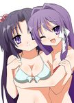  9law bikini blush breasts clannad cleavage fujibayashi_kyou hug ichinose_kotomi large_breasts long_hair multiple_girls one_eye_closed purple_eyes purple_hair smile swimsuit 